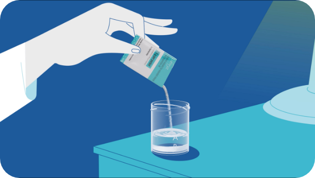 Illustration of person pouring medicine into mixing cup with water inside