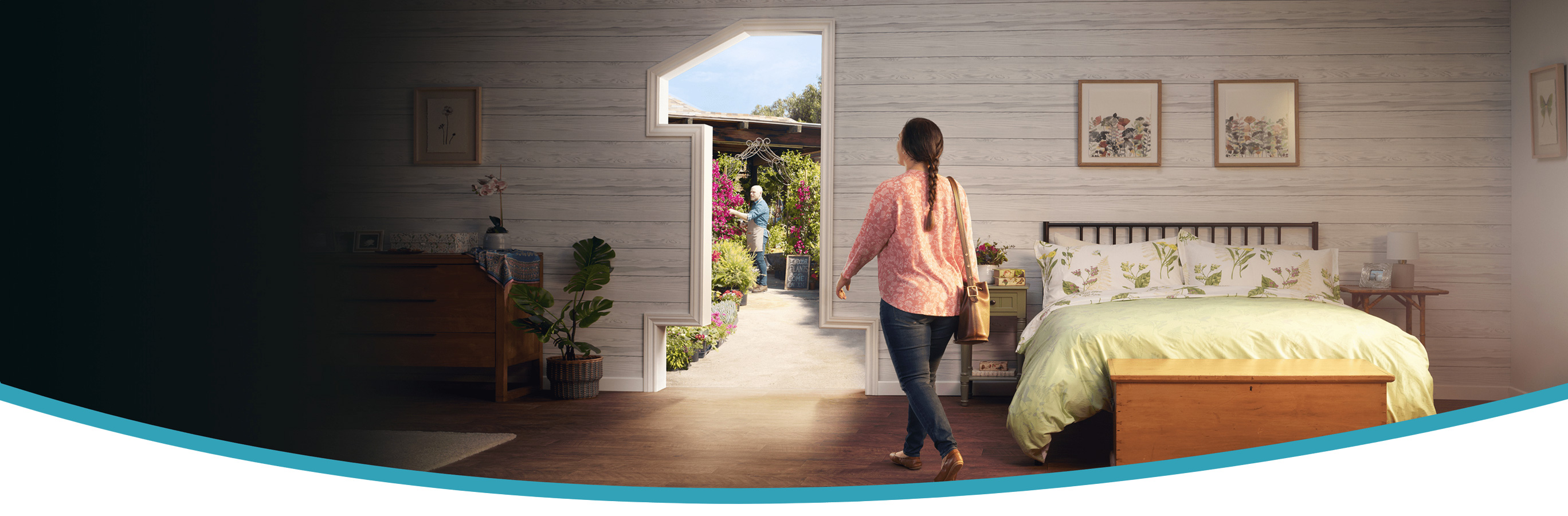 Image of woman leaving bedroom through number 1 shaped door