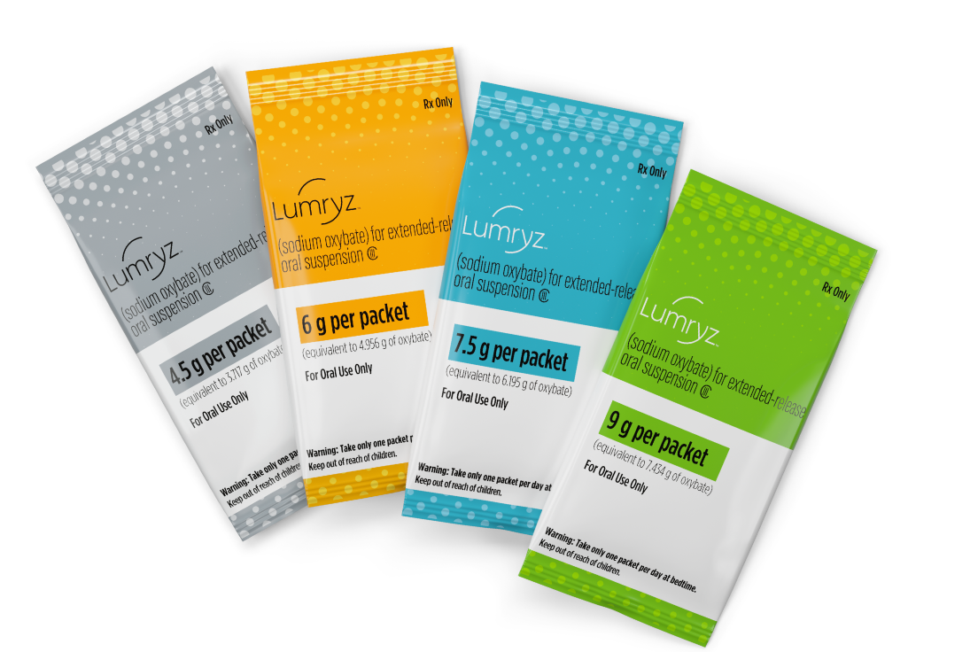 Four packets of LUMRYZ in varying colors