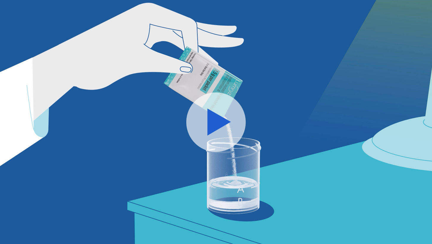 An illustration of a hand pouring LUMRYZ into a cup, with an overlayed video play button.